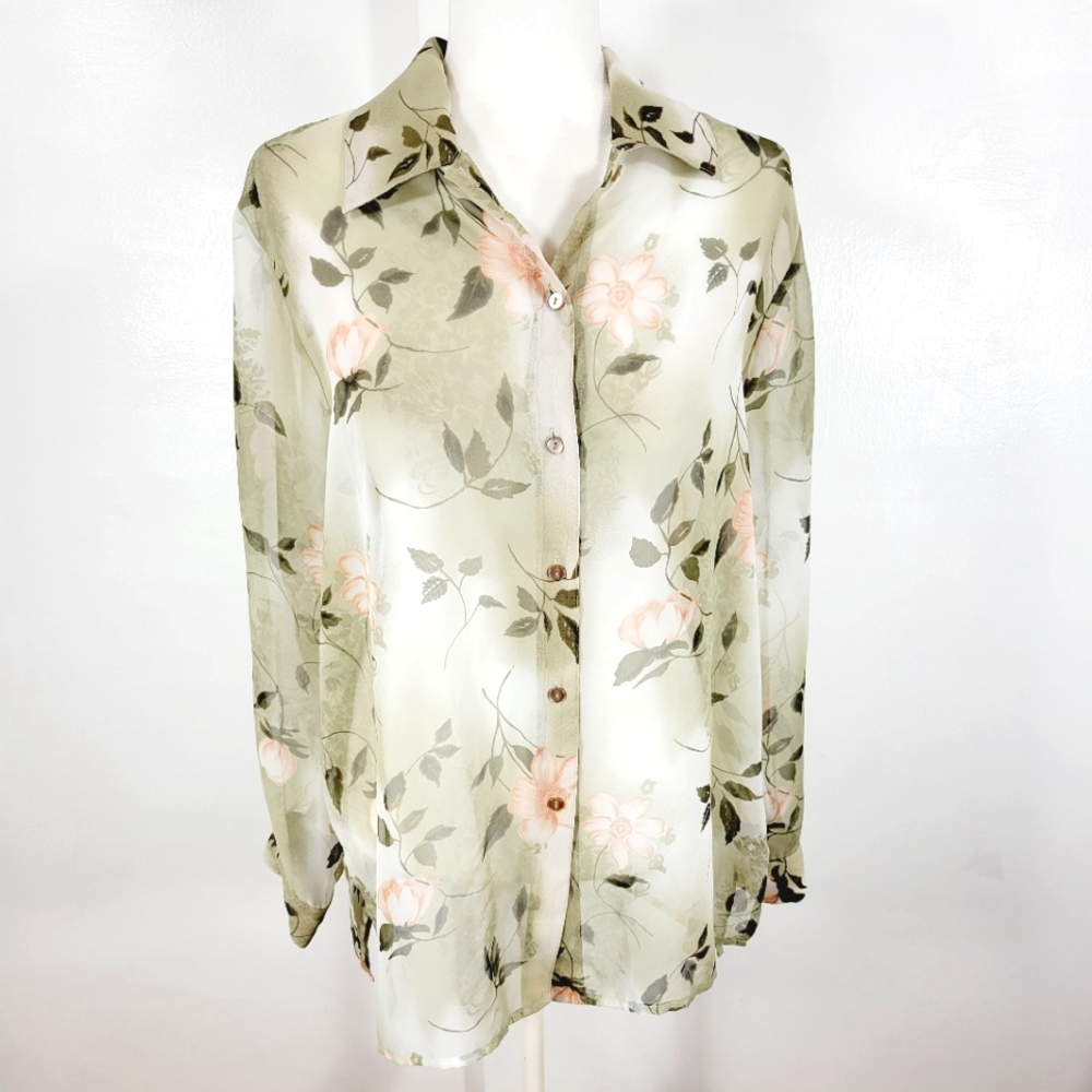 Vintage 90's Sheer Floral Sage & Peach Button-down Blouse, Size Medium / Large